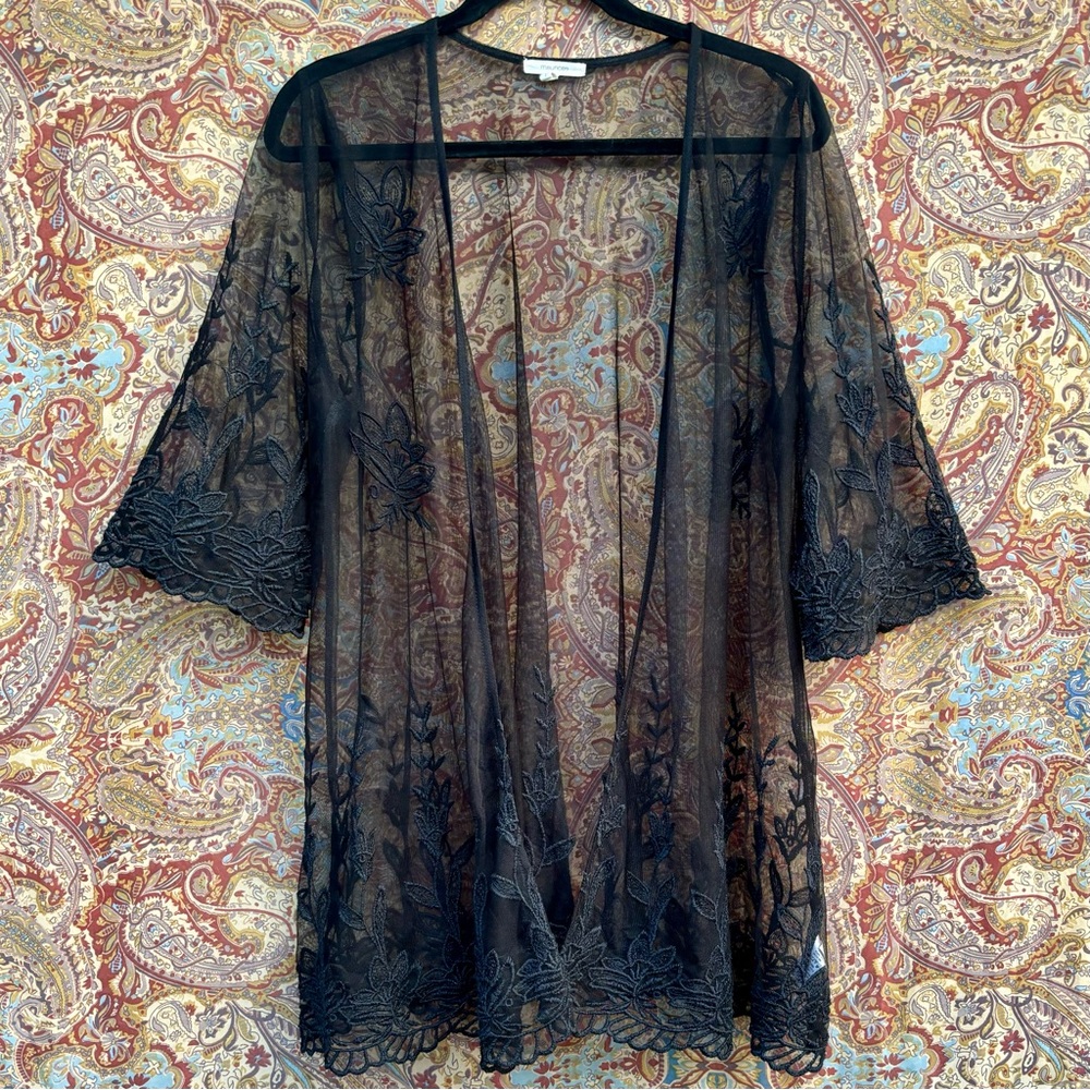 Maurice’s Black Embroidered Lace Kimono/ Cardigan , size 1X, XL, 14 16 plus size